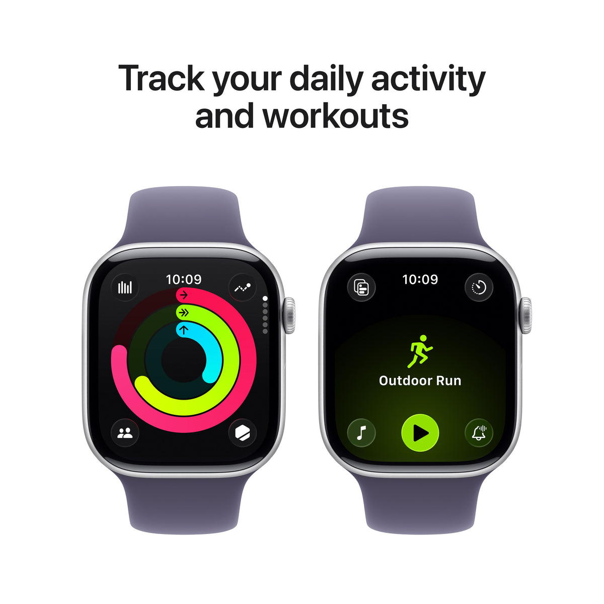 Promotional graphic showing daily activity and workout tracking features for the Apple Watch Series 11 Silver S/M variant from Tradeline.