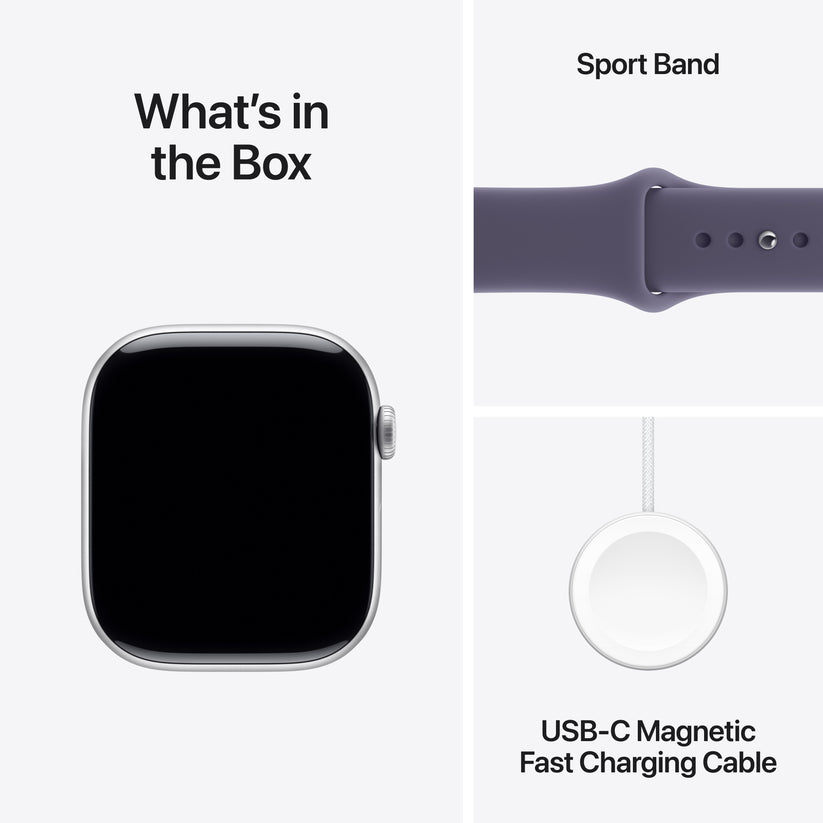 What is inside the official retail packaging box for the Apple Watch Series 11 GPS 46mm Silver Aluminium Case with Purple Fog Sport Band S/M at Tradeline.