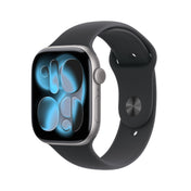Front slight left display view of the Apple Watch Series 11 GPS 46mm Space Grey Aluminium Case with Black Sport Band M/L available at Tradeline.
