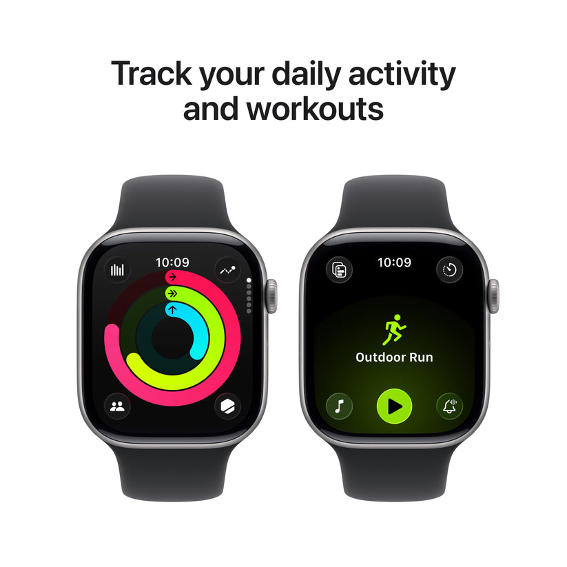 Promotional graphic showing daily activity and workout tracking features for the Apple Watch Series 11 Space Grey M/L variant from Tradeline.
