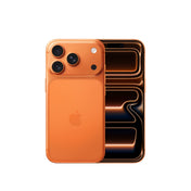 The Apple iPhone 17 Pro 256GB in Cosmic Orange, showing both the rear panel with its triple-camera setup and the front display featuring an orange-toned abstract wallpaper.