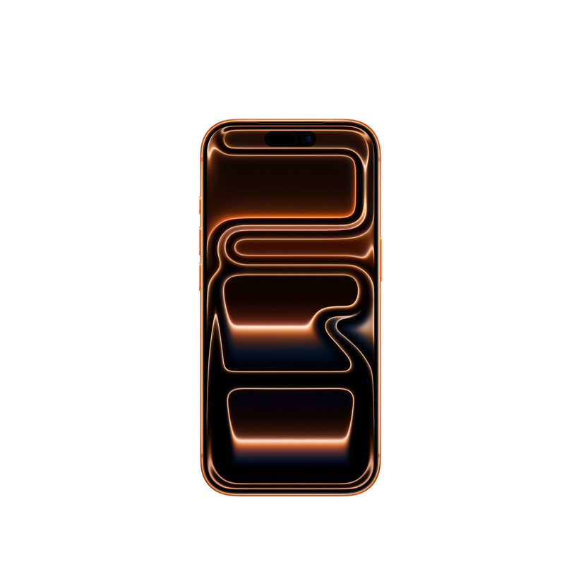 A front-facing view of the iPhone 17 Pro in Cosmic Orange, featuring the edge-to-edge display, Dynamic Island, and a matching orange-toned abstract wallpaper.