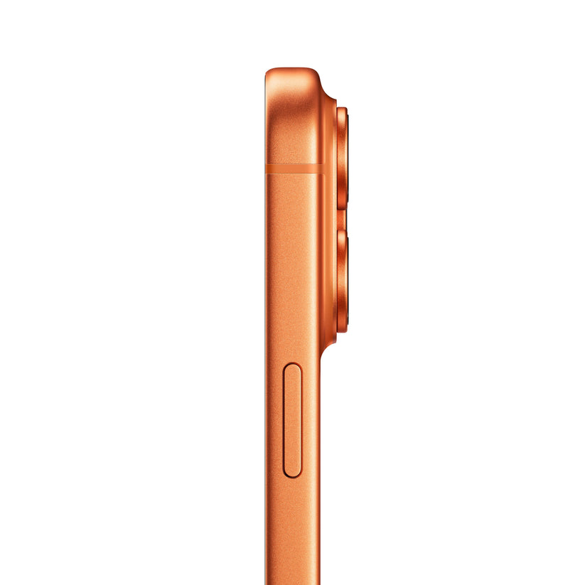 A profile view of the iPhone 17 Pro in Cosmic Orange, highlighting the side button and the protruding camera bump.