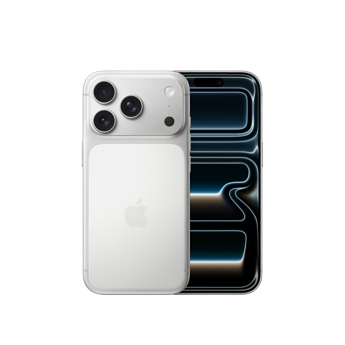 The Apple iPhone 17 Pro in Silver, showcasing the dual-tone rear glass design and triple-camera module alongside the front display.