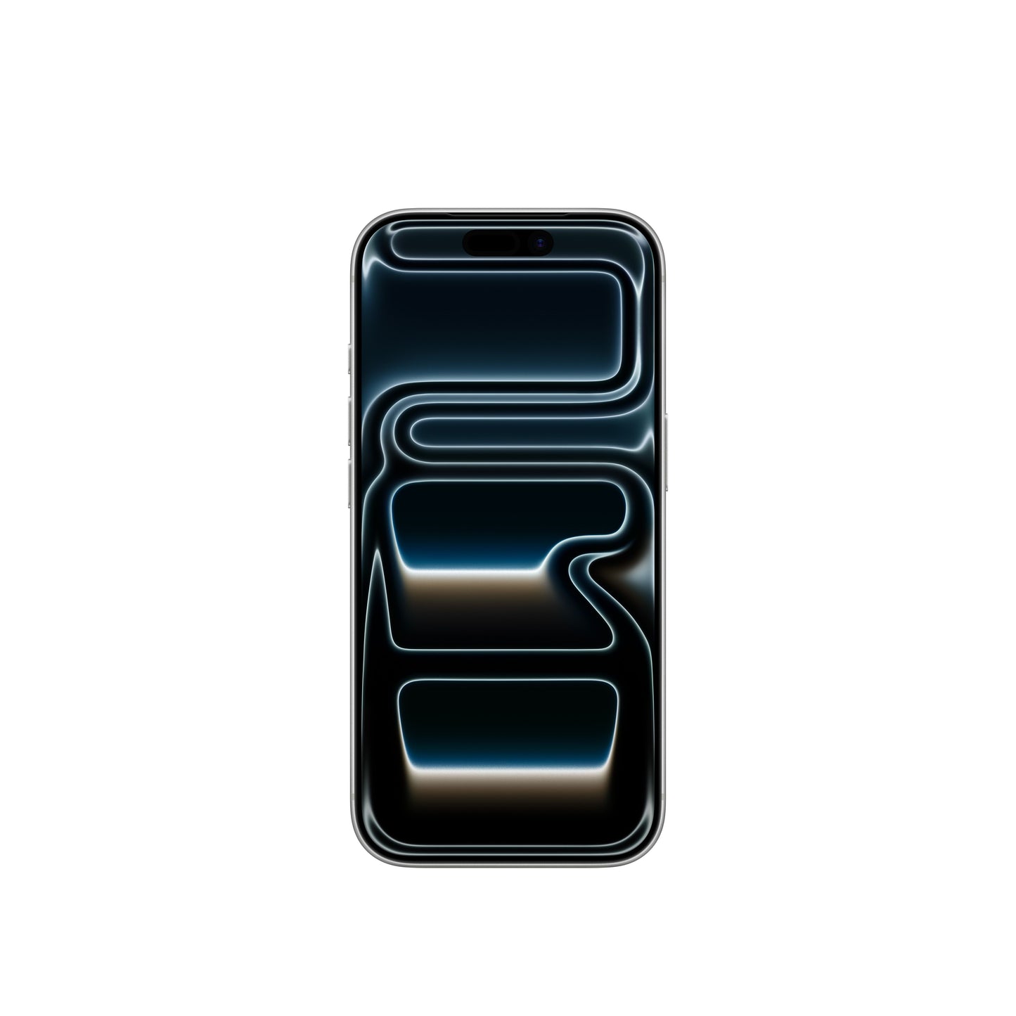 The front-facing view of the iPhone 17 Pro in Silver, highlighting the edge-to-edge display with the Dynamic Island and an abstract, flowing dark wallpaper.