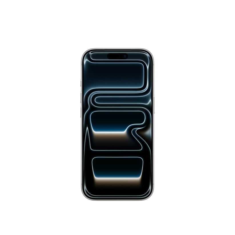 The front-facing view of the iPhone 17 Pro in Silver, highlighting the edge-to-edge display with the Dynamic Island and an abstract, flowing dark wallpaper.