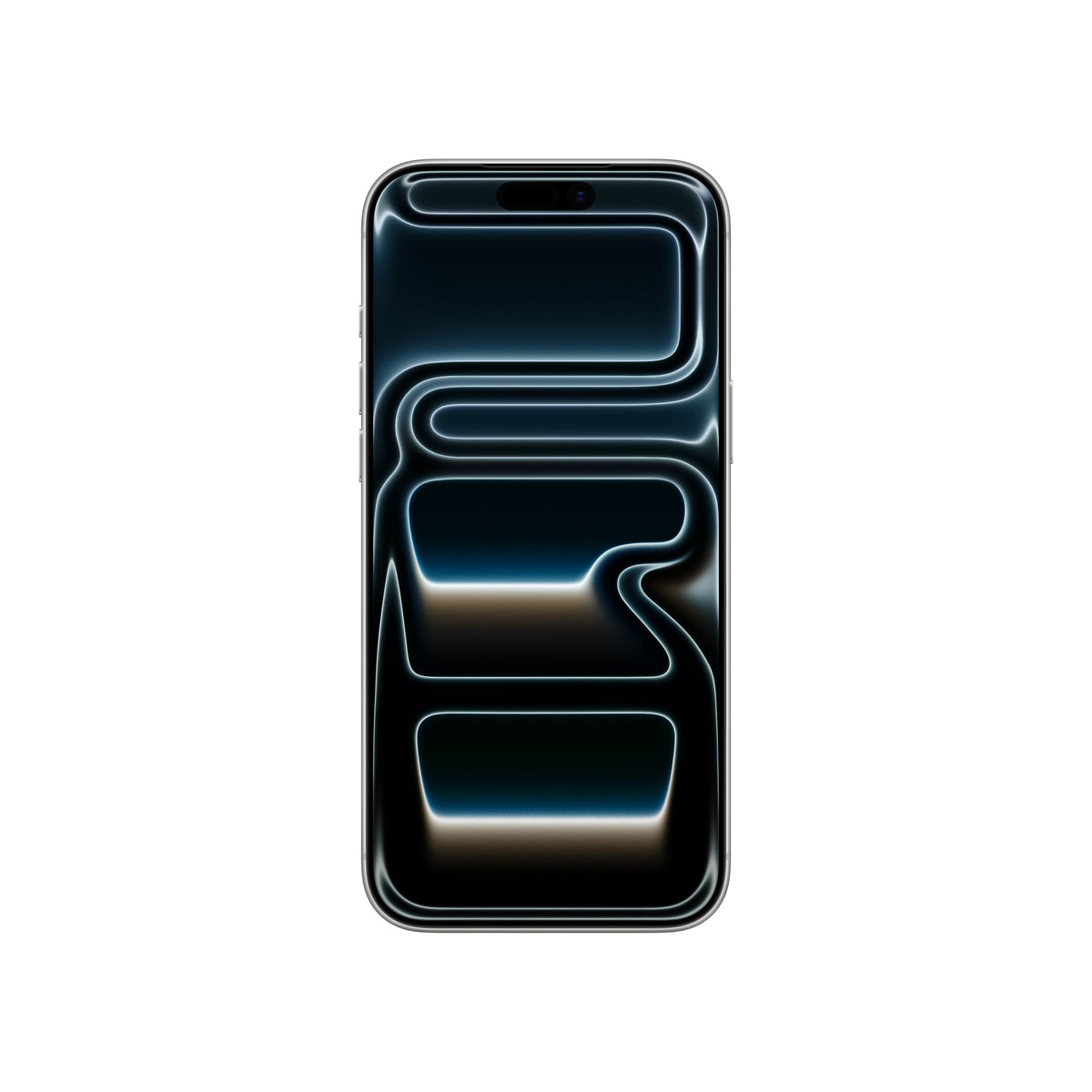 The front-facing view of the iPhone 17 Pro Max in Silver, highlighting the edge-to-edge display with the Dynamic Island and an abstract, flowing dark wallpaper.
