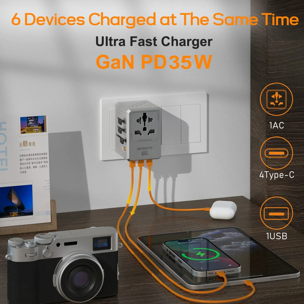 infyty ATLAS-65 Universal Travel Adapter Power Delivery 65W - Silver