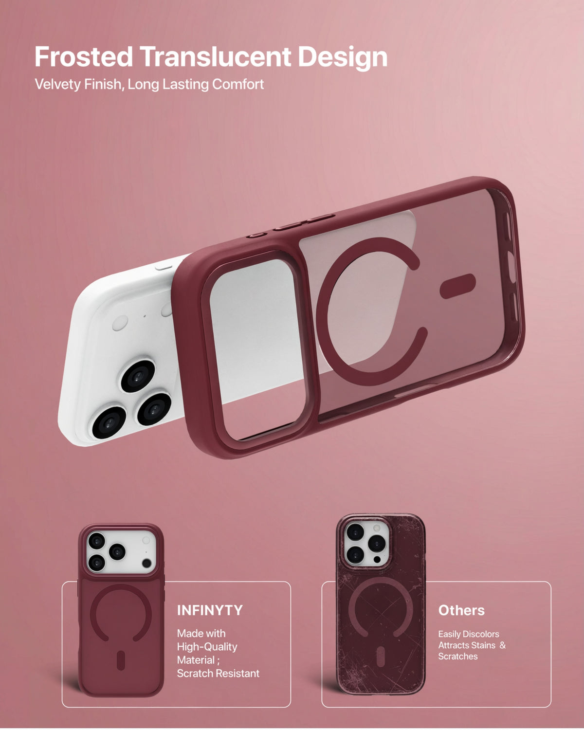 infyty MODO Frosted Soft Touch Case with Metallic Accents for iPhone 18 Pro Max - Burgundy