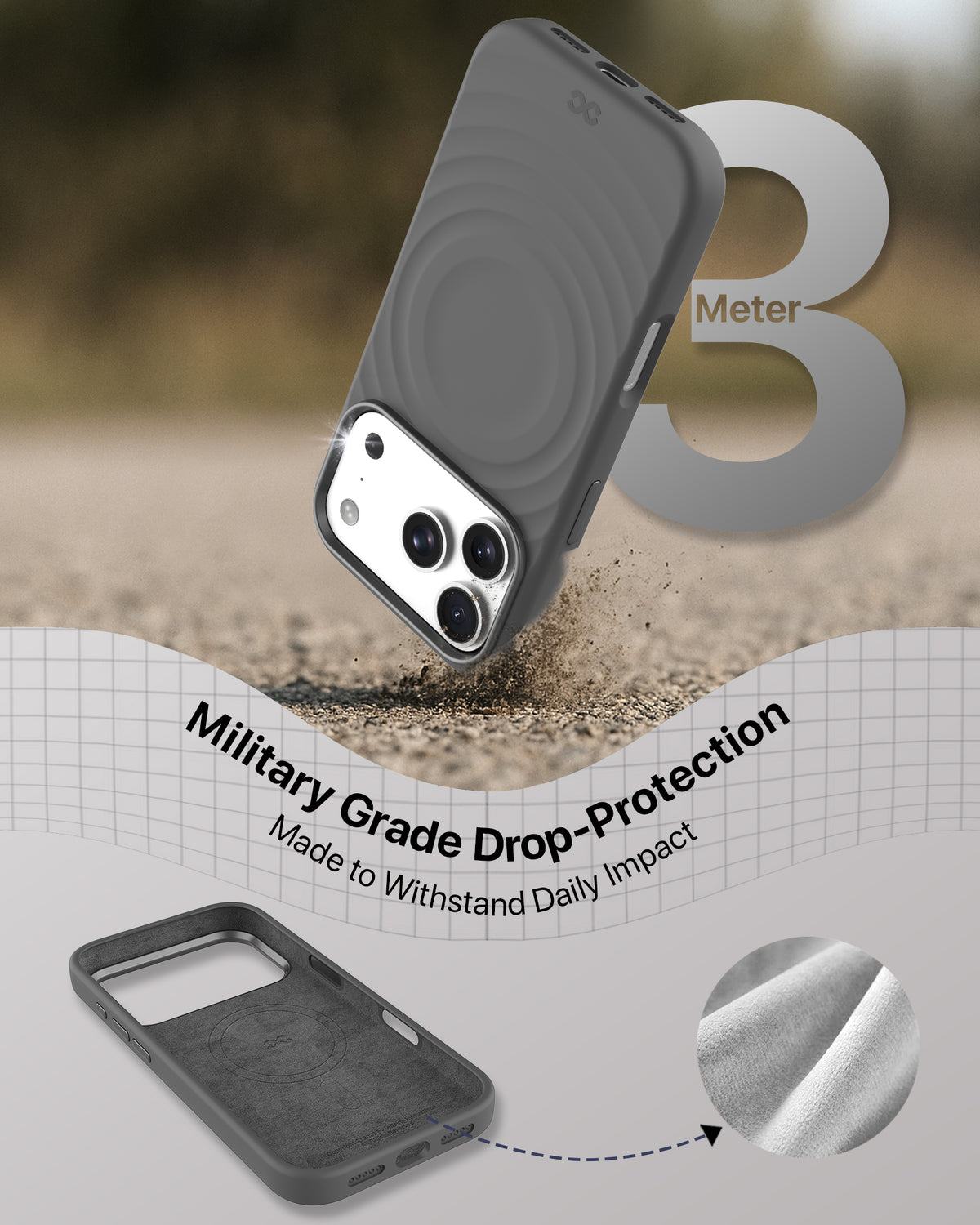 infyty QUIVERX Soft Silicone Ripple Case with Metallic Accents for iPhone 18 Pro - Dark Grey