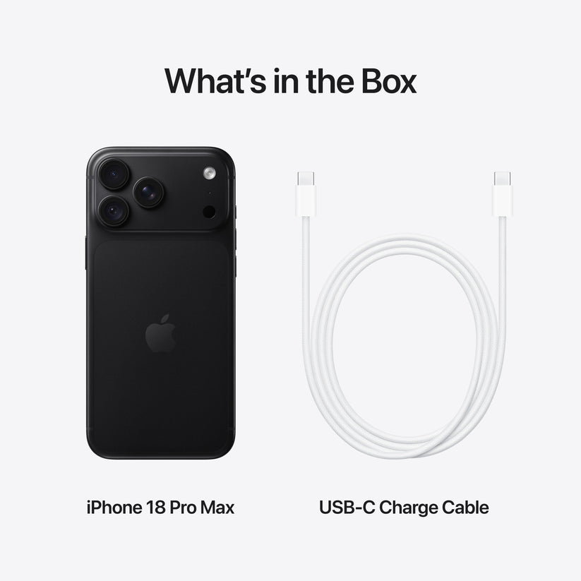 In-box content showing the cable and accessories for the iPhone 18 Pro Max 256GB Black at Tradeline.