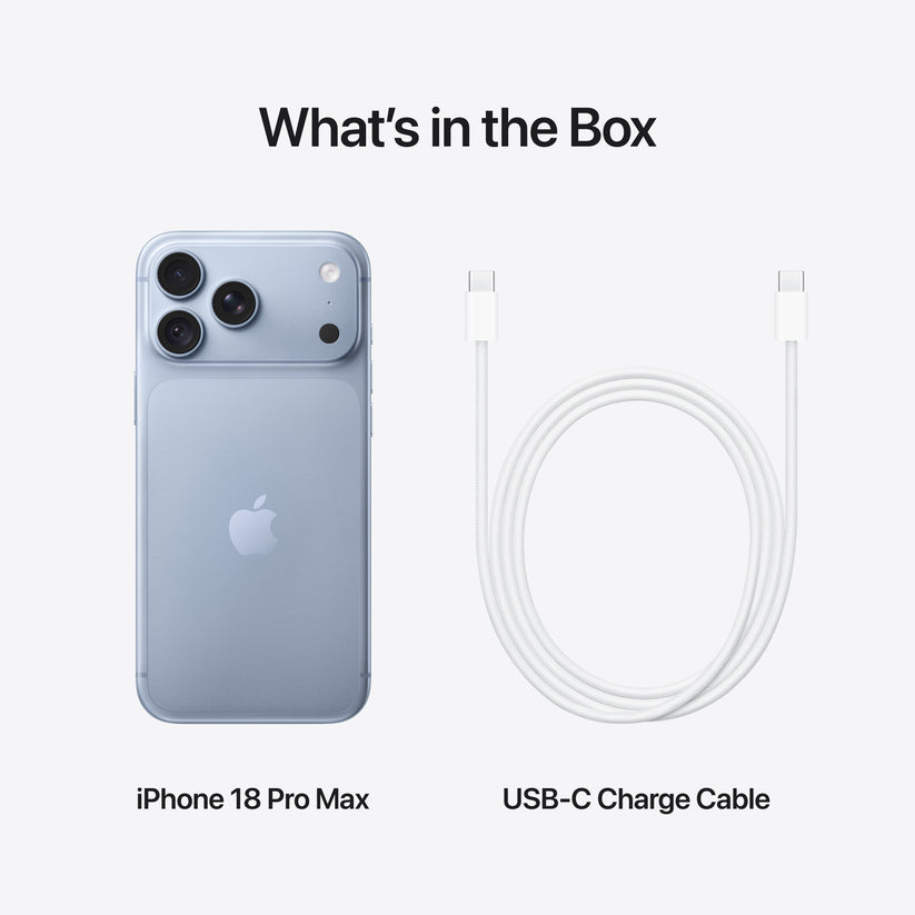 In-box content showing the cable and accessories for the iPhone 18 Pro Max 256GB Glacier at Tradeline.