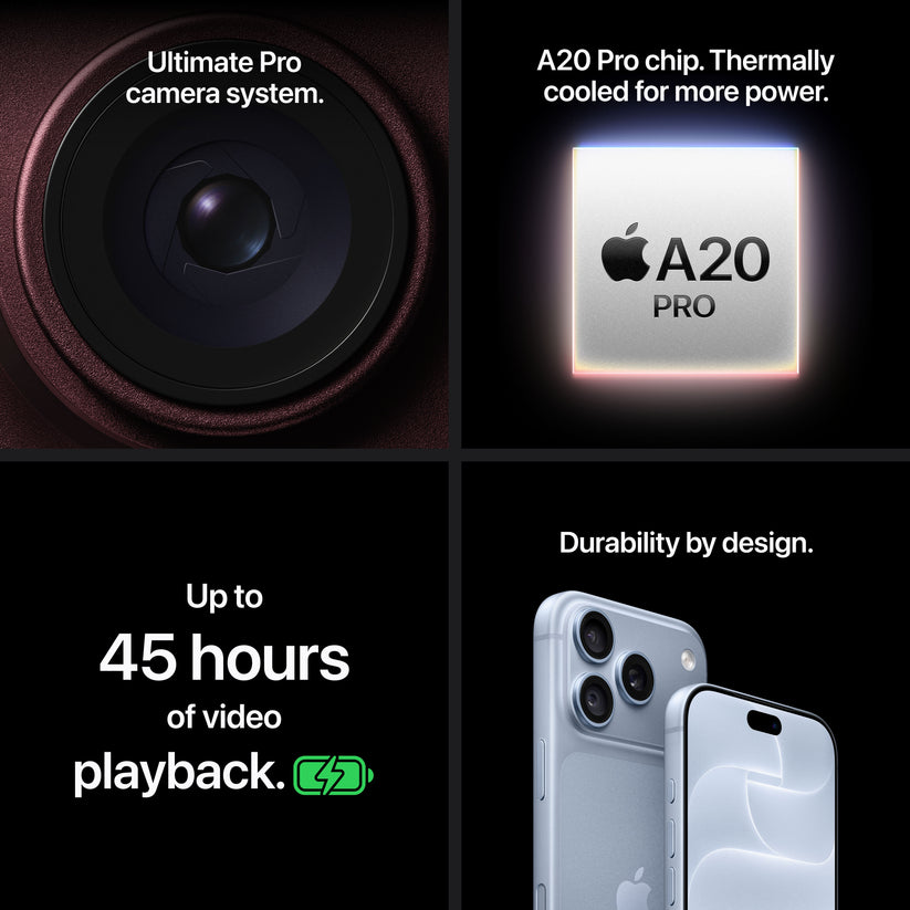 Feature showcase highlighting camera, A20 Pro chip, battery, and design of the iPhone 18 Pro Max 256GB Silver.