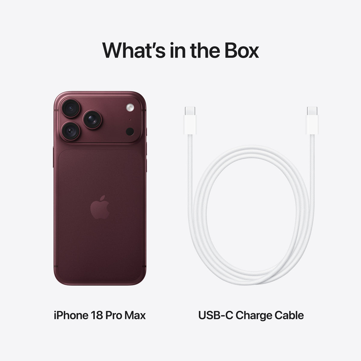 In-box content showing the cable and accessories for the iPhone 18 Pro Max 2TB Burgundy at Tradeline.