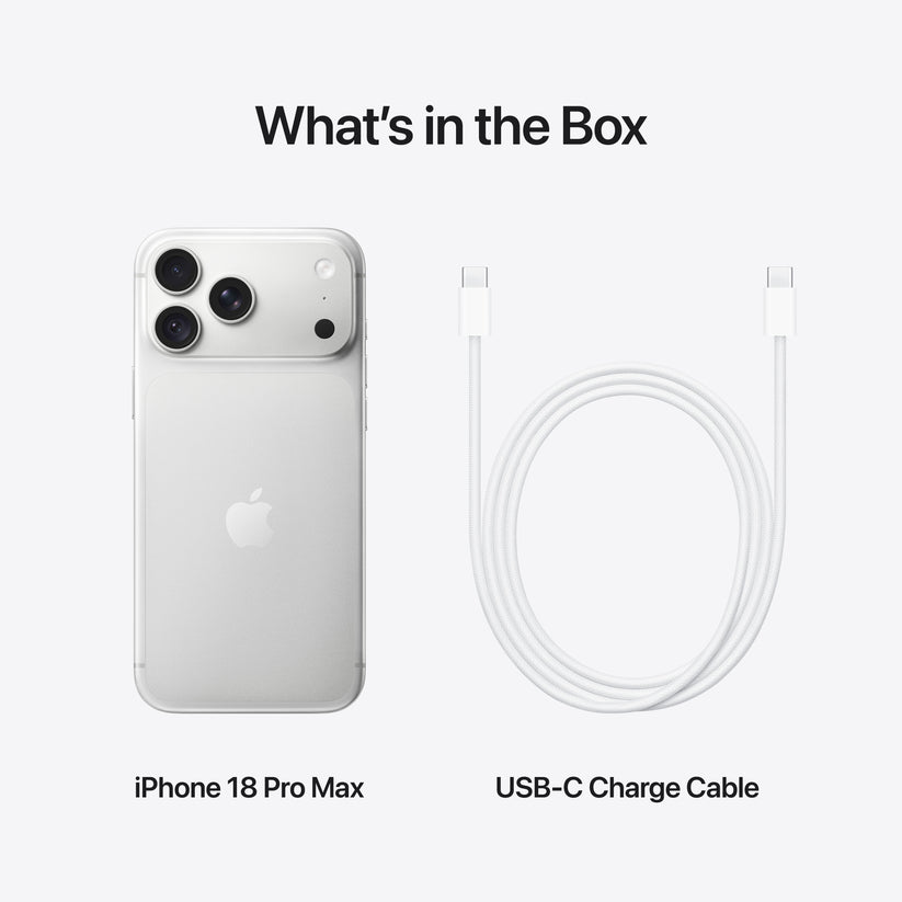 In-box content showing the cable and accessories for the iPhone 18 Pro Max 2TB Silver at Tradeline.