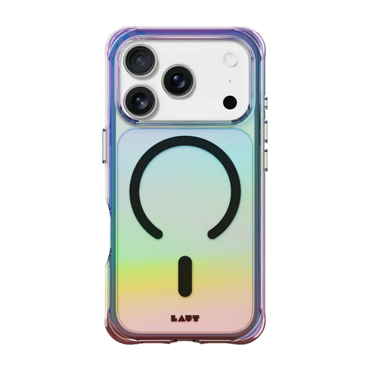 Rear view displaying the sleek, light-catching Laut AERO HOLO case for iPhone 17 Pro Max in Holo Midnight at Tradeline.