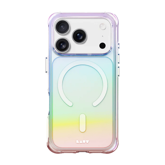 Rear view of the premium holographic Laut AERO HOLO case for iPhone 17 Pro Max in Holo Pearl colorway at Tradeline.