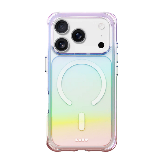 Rear view of the premium holographic Laut AERO HOLO case for iPhone 17 Pro Max in Holo Pearl colorway at Tradeline.