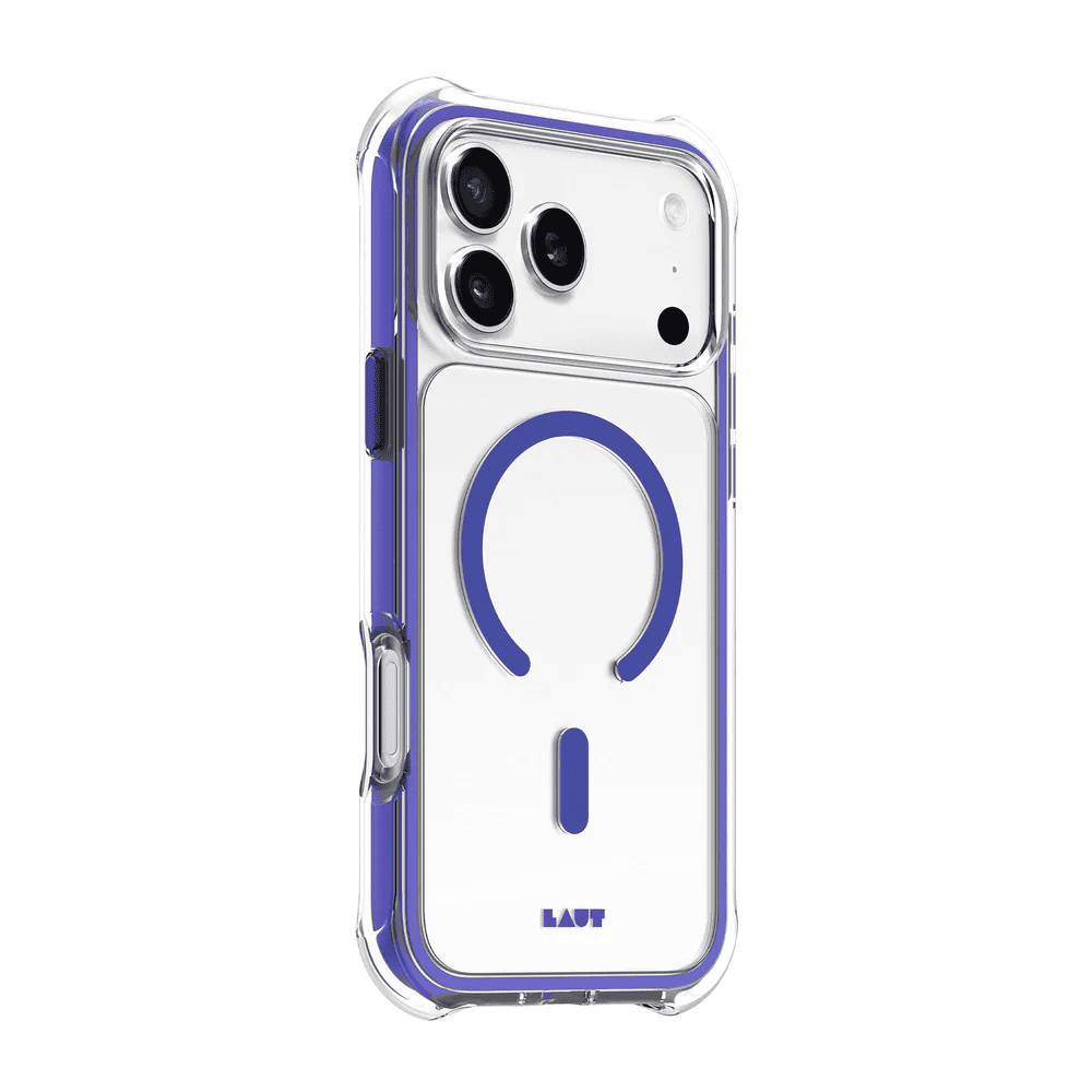 Side back angle showing the multi-layered edge guard architecture on the Laut AERO PROTECT iPhone 17 Pro Max Future Blue casing at Tradeline Egypt.