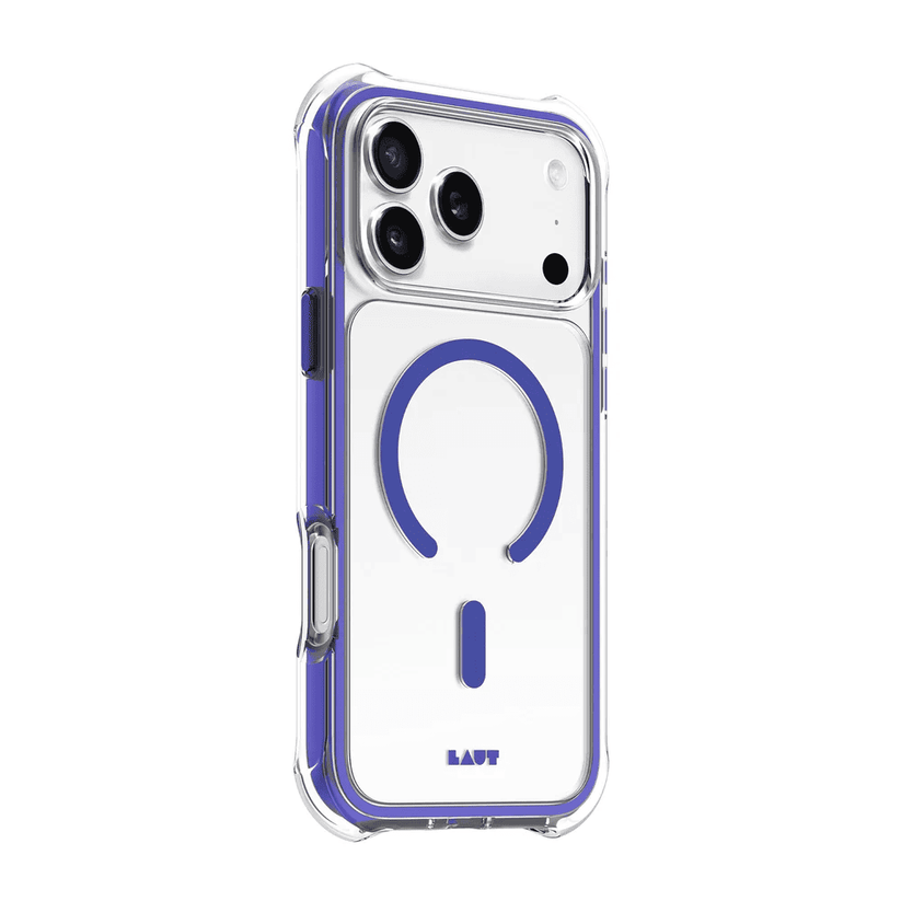 Side back angle showing the multi-layered edge guard architecture on the Laut AERO PROTECT iPhone 17 Pro Max Future Blue casing at Tradeline Egypt.