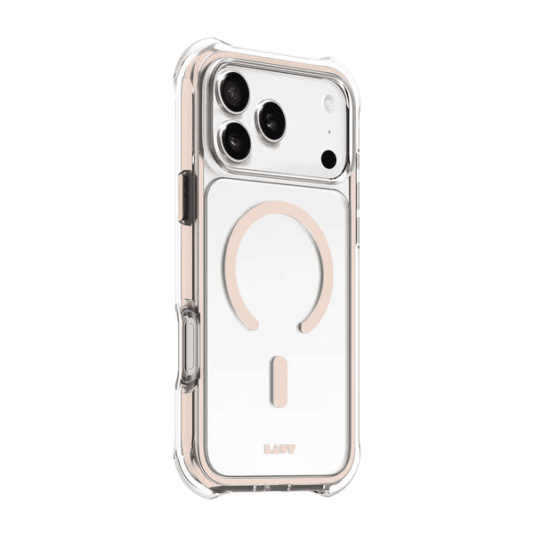 Side back view detailing the raised screen bezel protective lips of the Laut AERO PROTECT iPhone 17 Pro Max Saddle Brown skin from Tradeline Egypt.