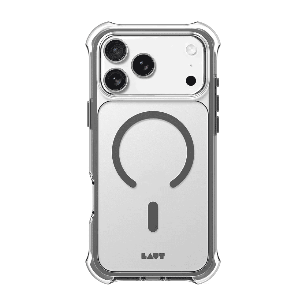 Rear view of the durable Laut AERO PROTECT protective armor case for iPhone 17 Pro Max in Shadow Grey from Tradeline.