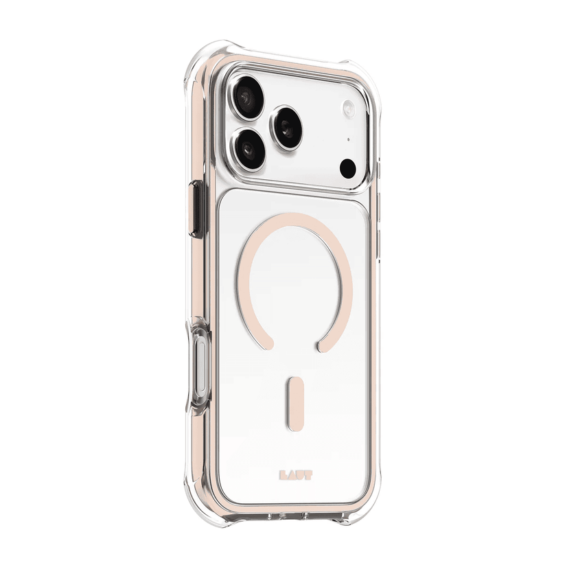 Side back perspective showcasing the sleek handgrip texture on the Laut AERO PROTECT iPhone 17 Pro Sadle Brown protector from Tradeline Egypt.