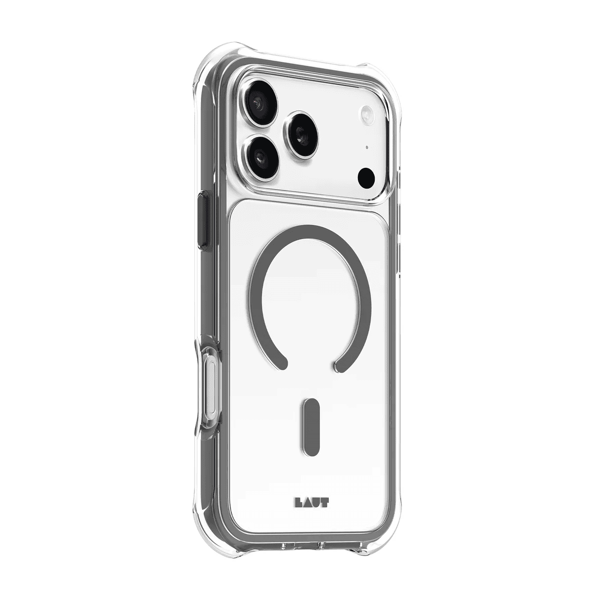 Side back view highlighting the tailored tactile button covers of the Laut AERO PROTECT iPhone 17 Pro Shadow Grey cover from Tradeline Egypt.