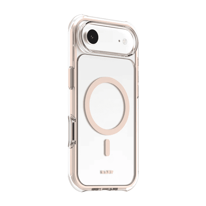Side back perspective of the Laut AERO PROTECT iPhone Air Sadle Brown cover demonstrating shock absorption frames at Tradeline Egypt.