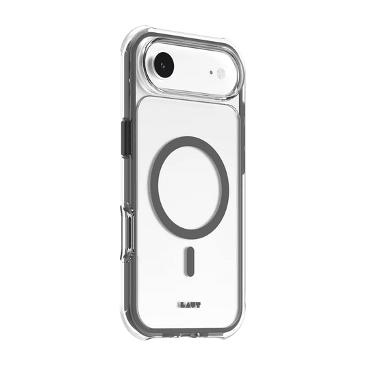 Side back view highlighting the slim profile and impact corners of the Laut AERO PROTECT iPhone Air Shadow Grey case from Tradeline Egypt.