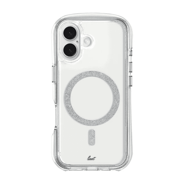 Rear view of the anti-yellowing Laut AERO SPARKLE case for iPhone 16 in Crystal Silver available at Tradeline.