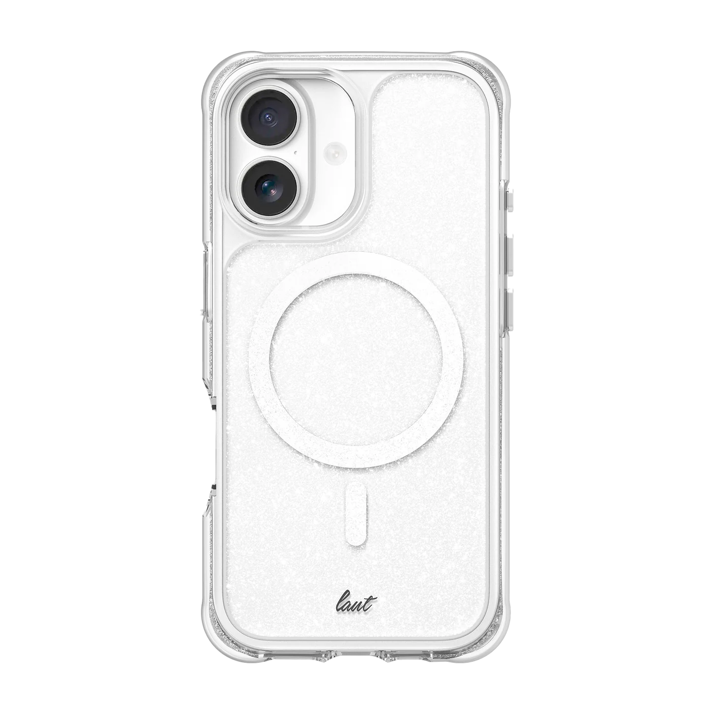 Rear view showing the scratch-resistant back panel of the Laut AERO SPARKLE case for iPhone 17 in Crystal Silver at Tradeline.