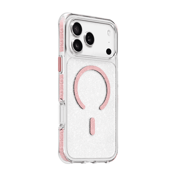 Side back perspective showing the form-fitting aesthetic of the Laut AERO SPARKLE iPhone 17 Pro Crystal Pink protective sleeve from Tradeline Egypt.