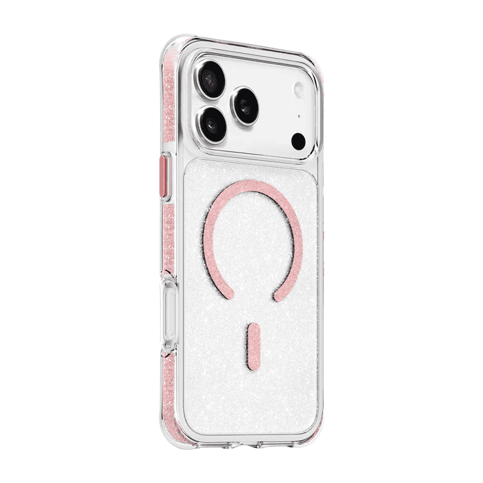 Side back profile demonstrating the drop-protective rim on the Laut AERO SPARKLE iPhone 17 Pro Max Crystal Pink shockproof cover from Tradeline Egypt.