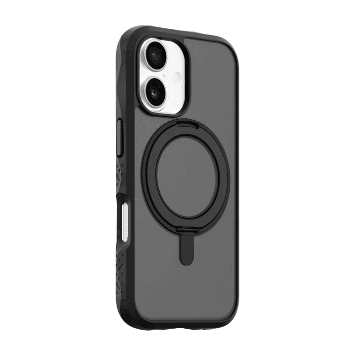 Side back perspective detailing the slim form-fitting profile of the Laut CARBON MATTER iPhone 17 Midnight phone skin from Tradeline Egypt.