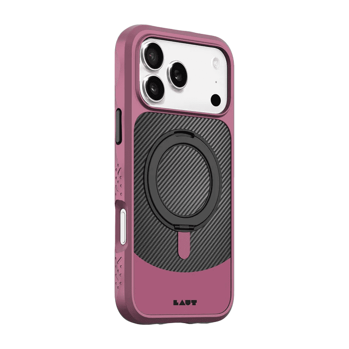 Side back view detailing the shock-absorbing bumper edges of the Laut CARBON MATTER iPhone 17 Pro Max Wine Red case from Tradeline Egypt.