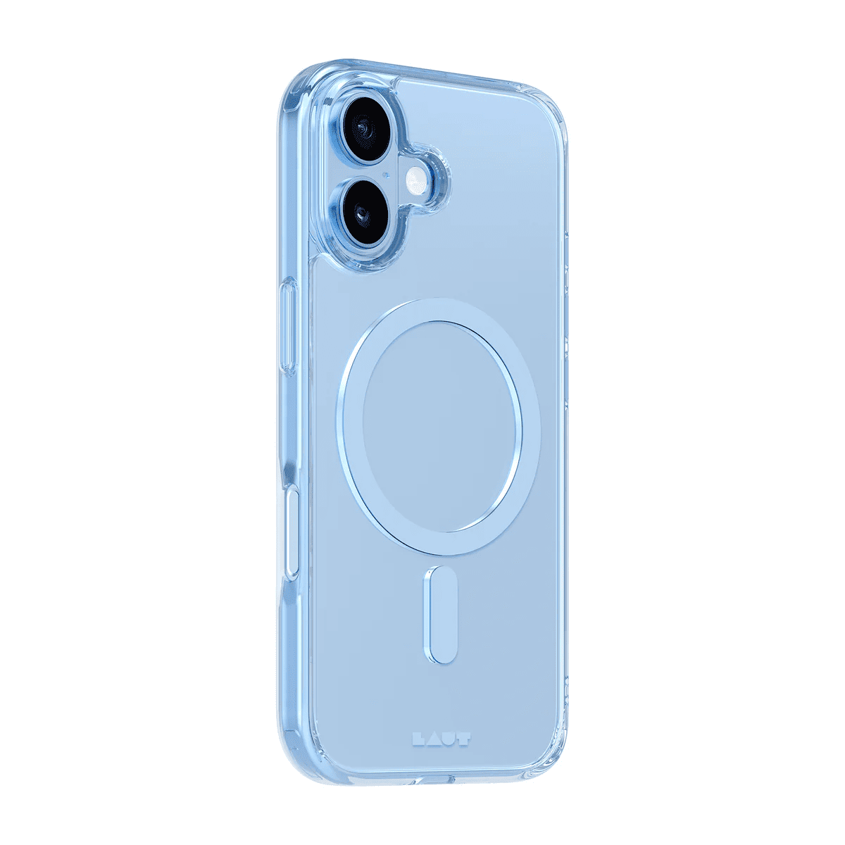 Rear view of the ice-toned Laut CRYSTAL FLURO case for iPhone 17 in Light Blue edition from Tradeline.