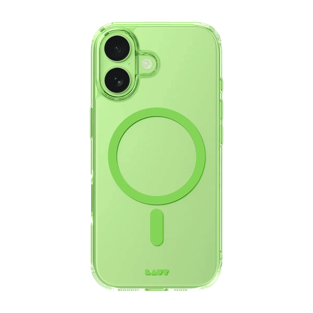 Rear view showcasing the glowing transparency of the Laut CRYSTAL FLURO case for iPhone 17 in Light Green at Tradeline.
