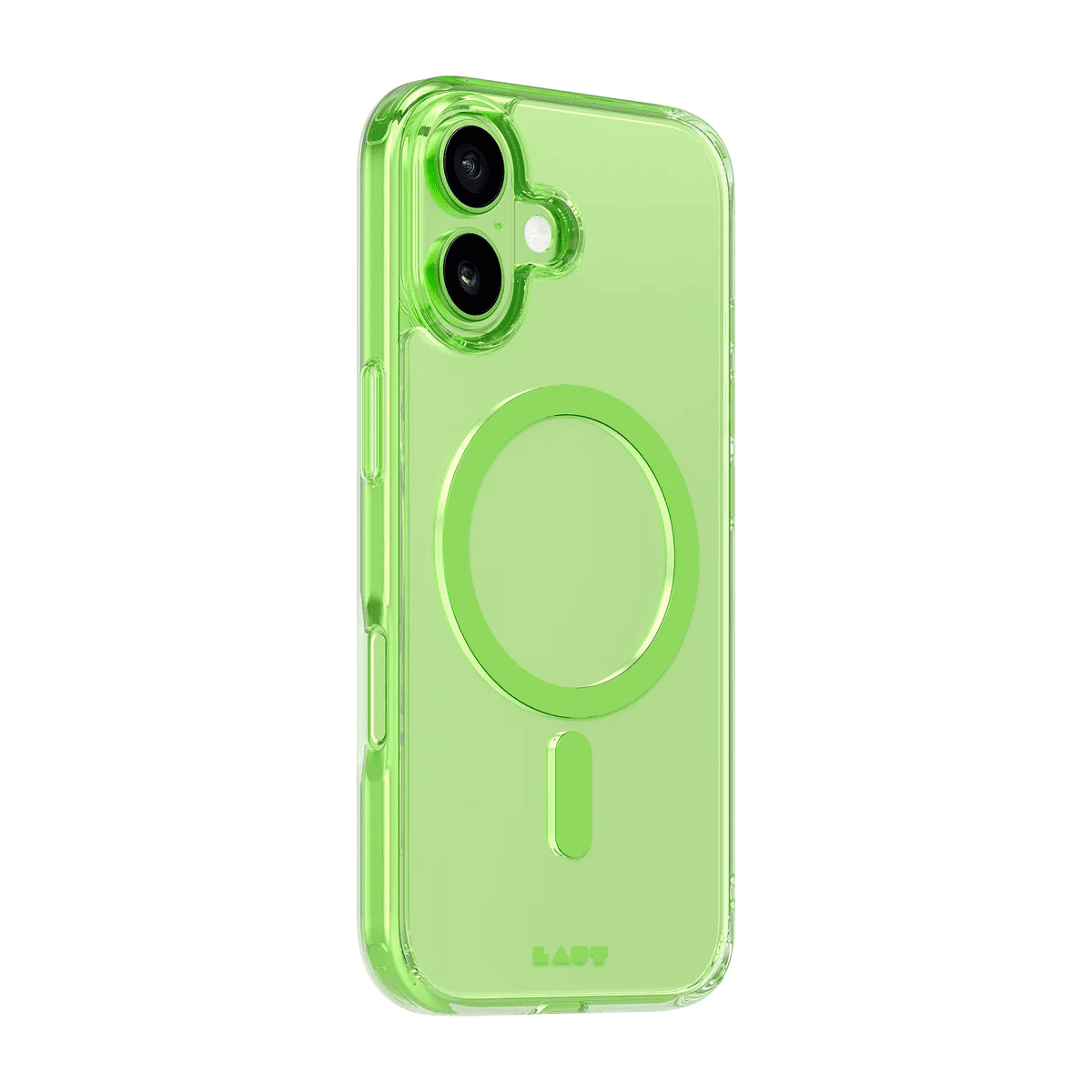 Side back perspective detailing the bright neon bumper frame on the Laut CRYSTAL FLURO iPhone 17 Light Green cover from Tradeline Egypt.