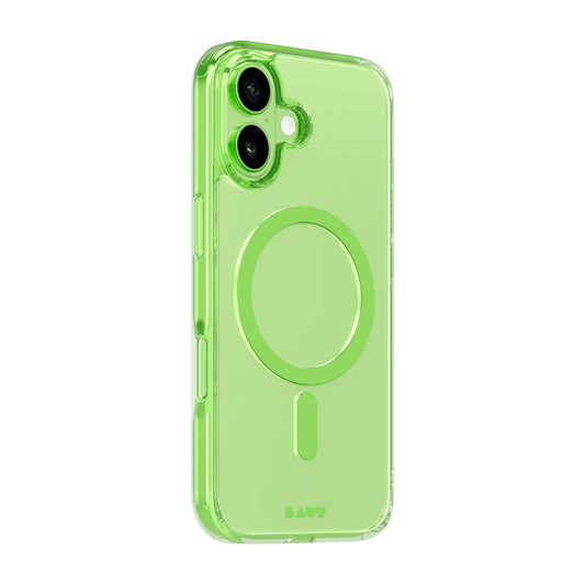 Side back perspective detailing the bright neon bumper frame on the Laut CRYSTAL FLURO iPhone 17 Light Green cover from Tradeline Egypt.