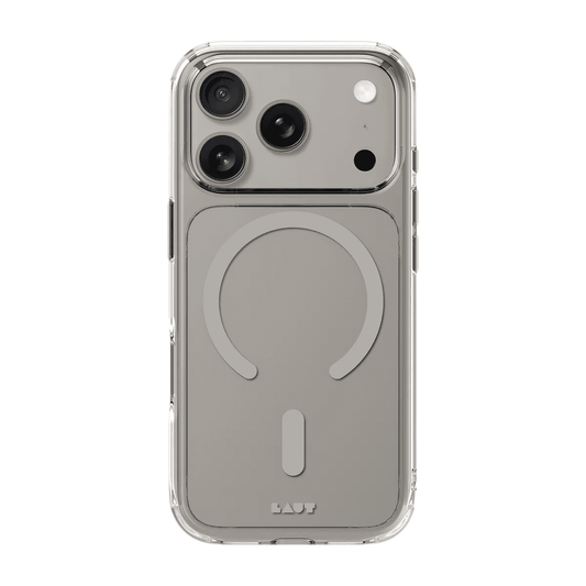 Rear view displaying the pristine form-fitting look of the Laut CRYSTAL FLURO case for iPhone 17 Pro in Clear Light Grey at Tradeline.