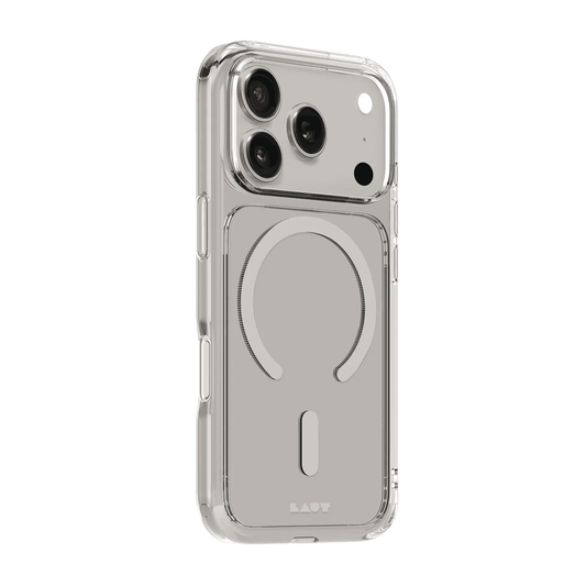 Side back perspective highlighting the impact-resistant shock absorption borders of the Laut CRYSTAL FLURO iPhone 17 Pro Max Clear Grey case from Tradeline Egypt.
