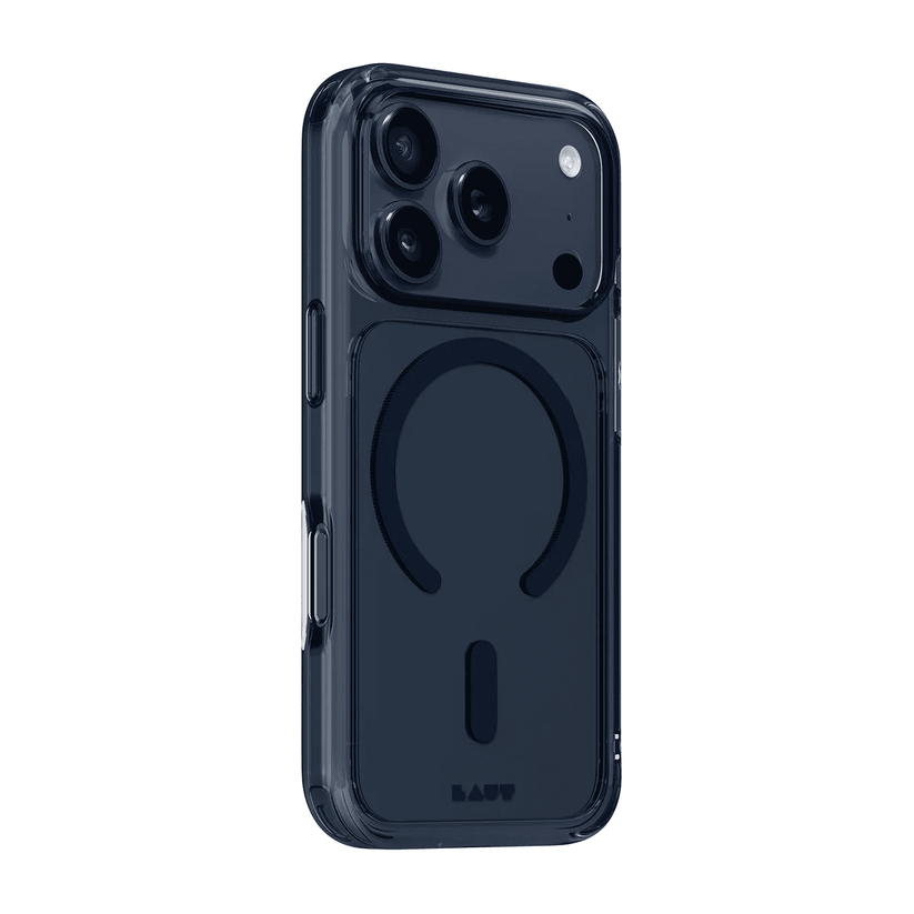 Side back profile showing the dark neon frame and bumper corners of the Laut CRYSTAL FLURO iPhone 17 Pro Max Clear Midnight case from Tradeline Egypt.