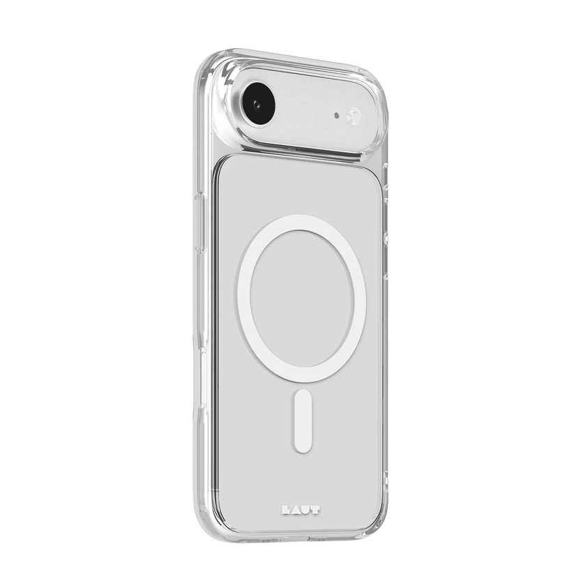 Back side view showcasing the anti-yellowing structure and clear buttons of the Laut CRYSTAL FLURO iPhone Air Clear cover from Tradeline Egypt.