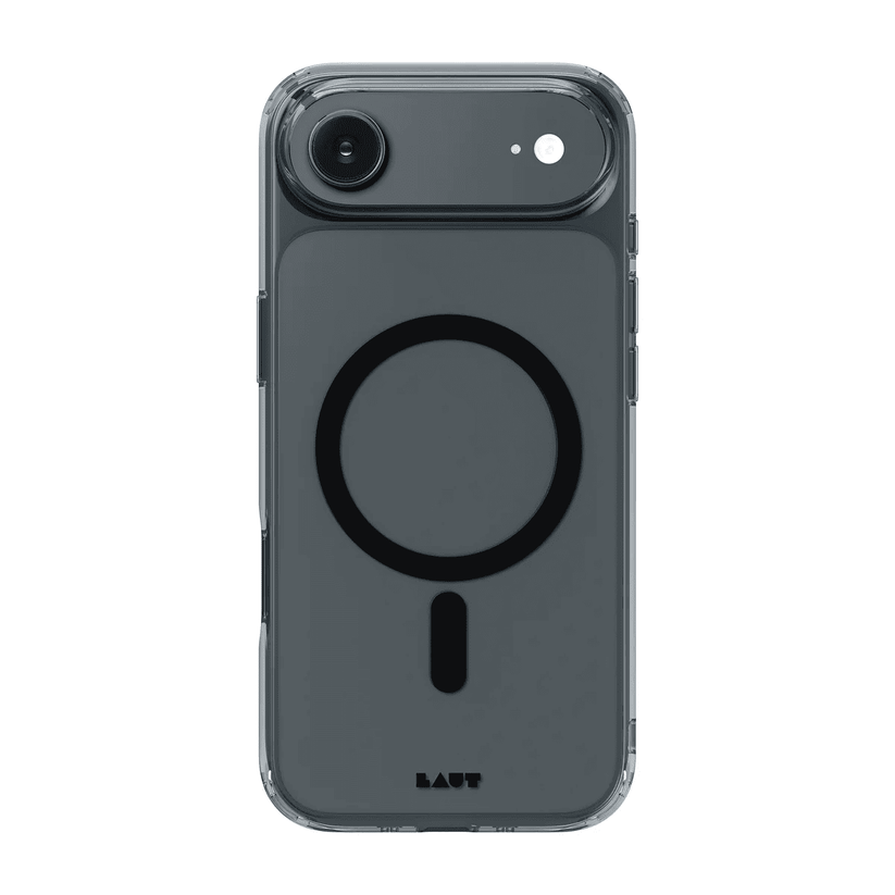 Rear view of the translucent Laut CRYSTAL FLURO case for iPhone Air with a smoky Clear Black border available at Tradeline.