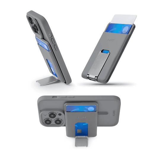Multi-option use demonstration showcasing the LAUT FLEXI PROP MagSafe card holder in Grey functioning as a phone stand at Tradeline Egypt.