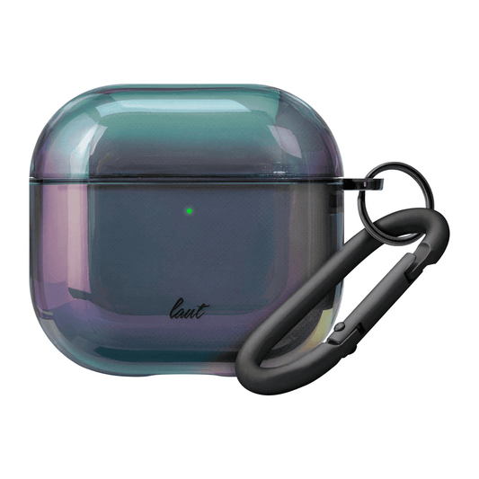 Closed view highlighting the secure fit and scratch-resistant LAUT HOLO AirPods 4 Midnight cover from Tradeline Egypt.