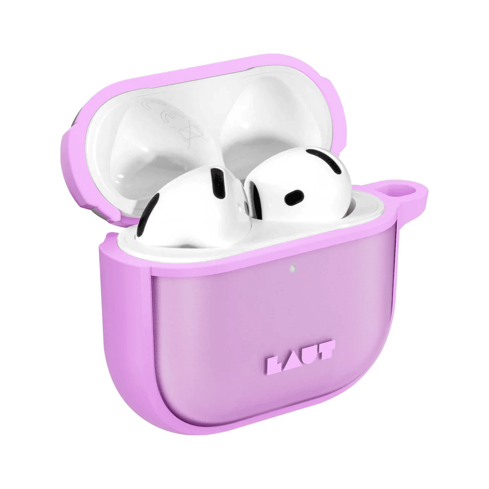 Side view showing the premium tactile finish of the LAUT HUEX PROTECT AirPods 4 Bright Pink shockproof sleeve from Tradeline.
