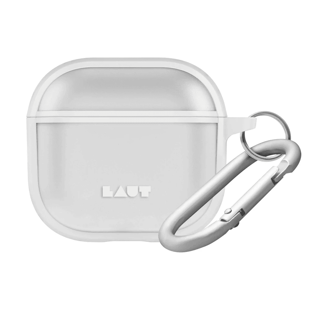 Front view of the translucent frosted LAUT HUEX PROTECT case for AirPods 4 in Frost clear finish available at Tradeline.