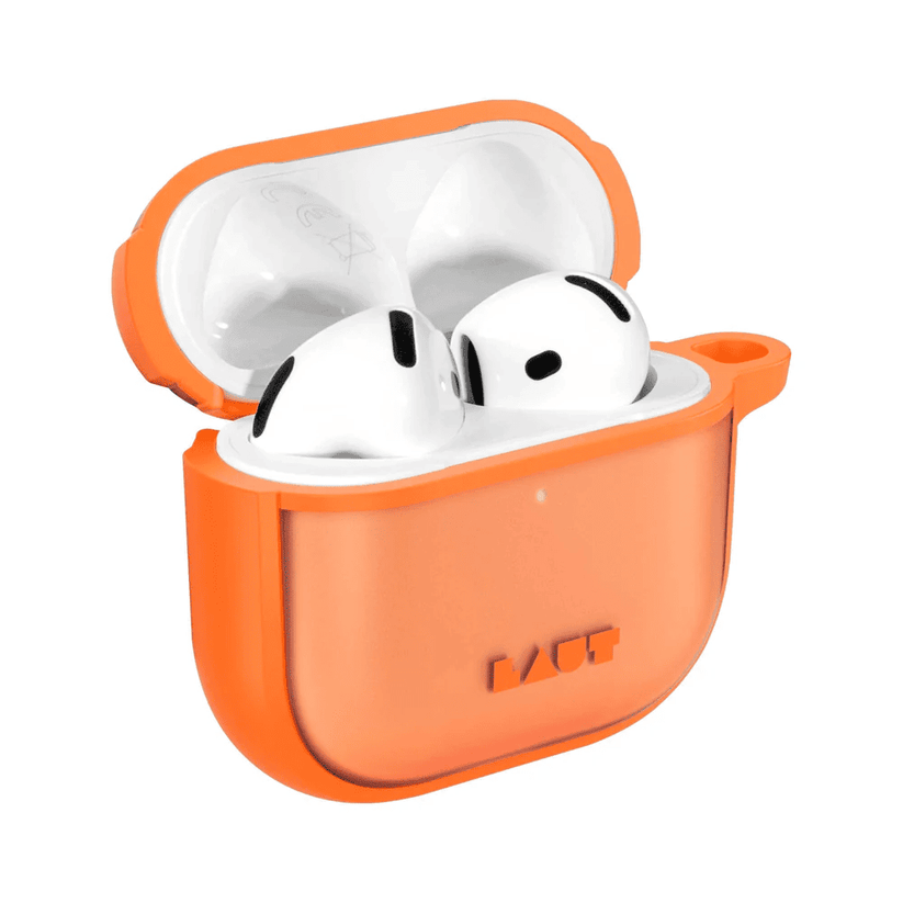 Side profile view highlighting the slim scratch-resistant edge of the LAUT HUEX PROTECT AirPods 4 Neon Orange case from Tradeline.